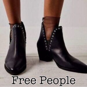 Free People Double V Ankle Studded Black Leather Booties Size 38.5